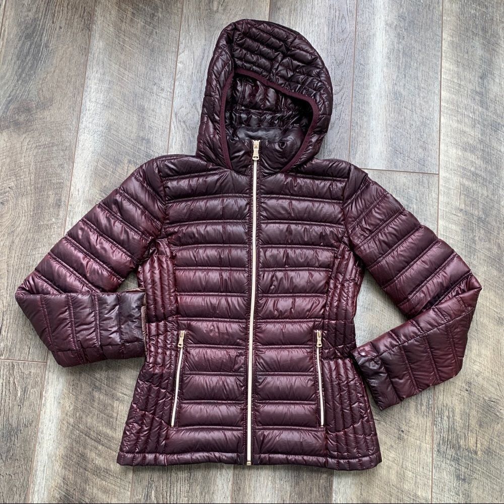 CALVIN KLEIN Hooded Packable Premium Down Puffer Coat Eggplant Wine XS - Picture 8 of 15